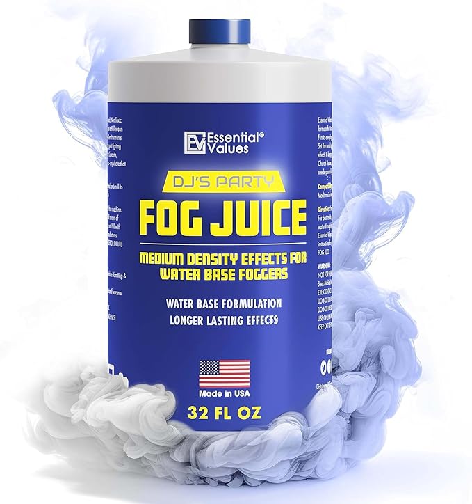 Essential Values Fog Machine Liquid - Fluid for Smoke Machine Fog - Long-Lasting Fog Juice - Medium Density Smoke for Water-Based Foggers - For 400-1500 Watt Machines