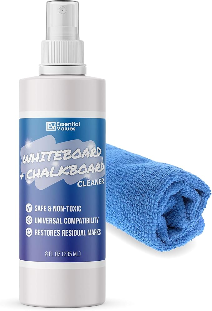 Whiteboard Cleaner Spray (8 fl oz), The Best for Removing Shadowing from Dry Erase Boards, Chalkboards & Liquid Chalk Markers - Safe & Non-Toxic, Made in USA by Essential Values (8 oz + Fiber)