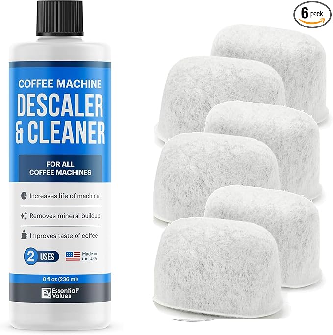 Essential Values Keurig Descaler & BONUS 6 PACK Replacement Keurig Compatilble Filters (Brewer Care Kit), Universal Descaling Solution, Decalcifier & Coffee Maker Cleaner