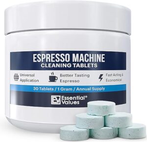 Essential Values Espresso Machine Cleaning Tablets (30 Tablets), Compatible with Breville Barista Express, Gaggia, Delonghi, Jura, Philips - Universal Descaler for Espresso Machines